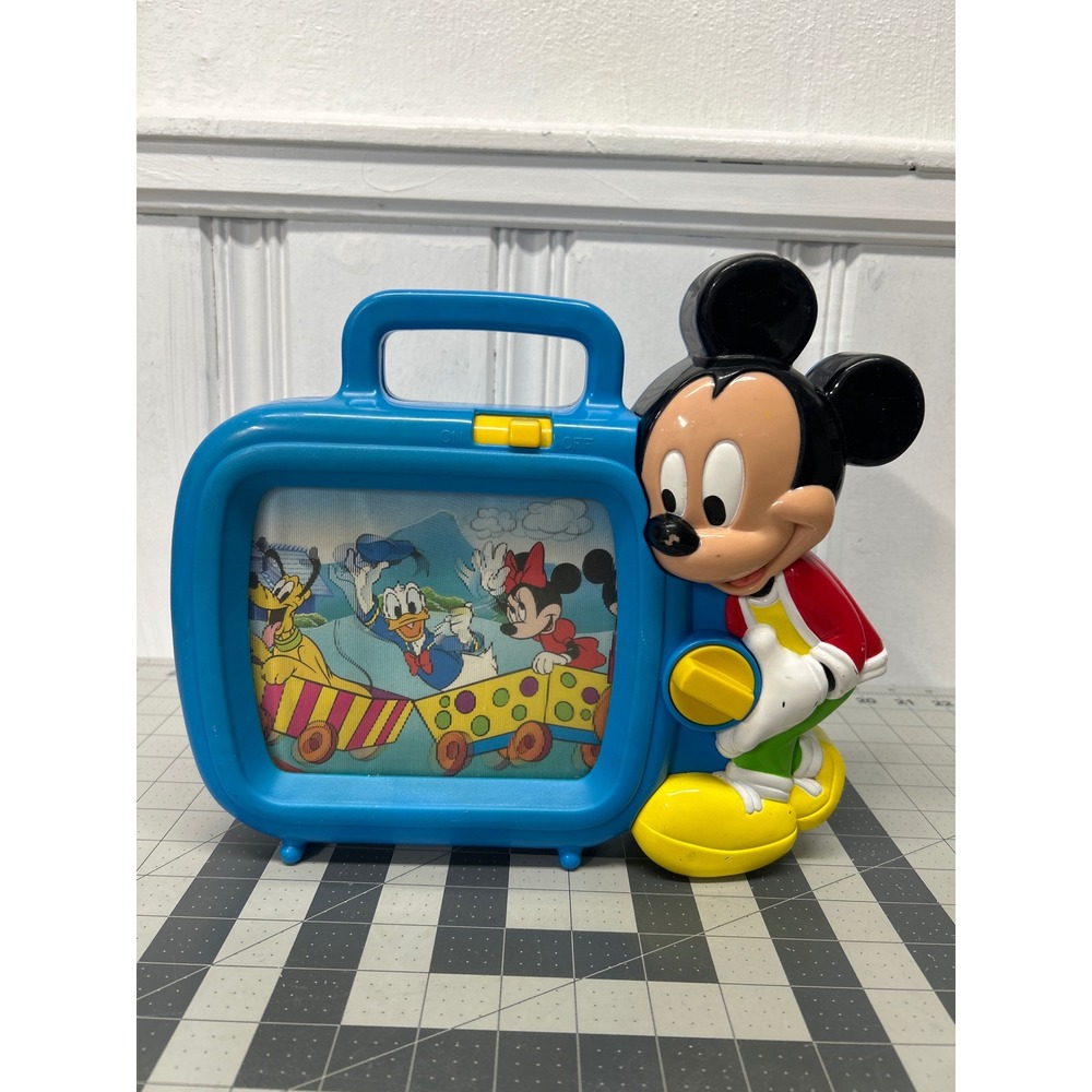 Vintage Disney Mickey Mouse Wind-up Musical Scrolling TV Toy Blue Works